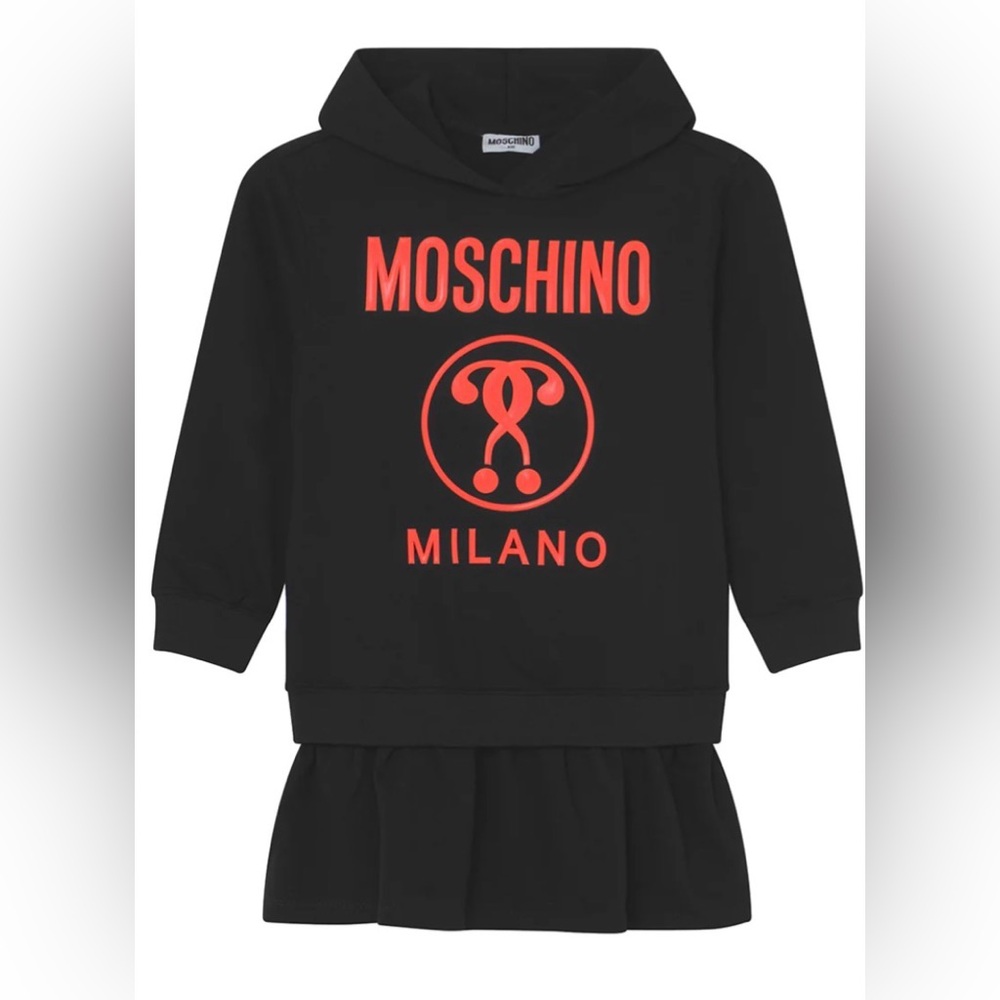 Moschino Teen Black Hooded Dress with Vibrant Red-Orange Logo